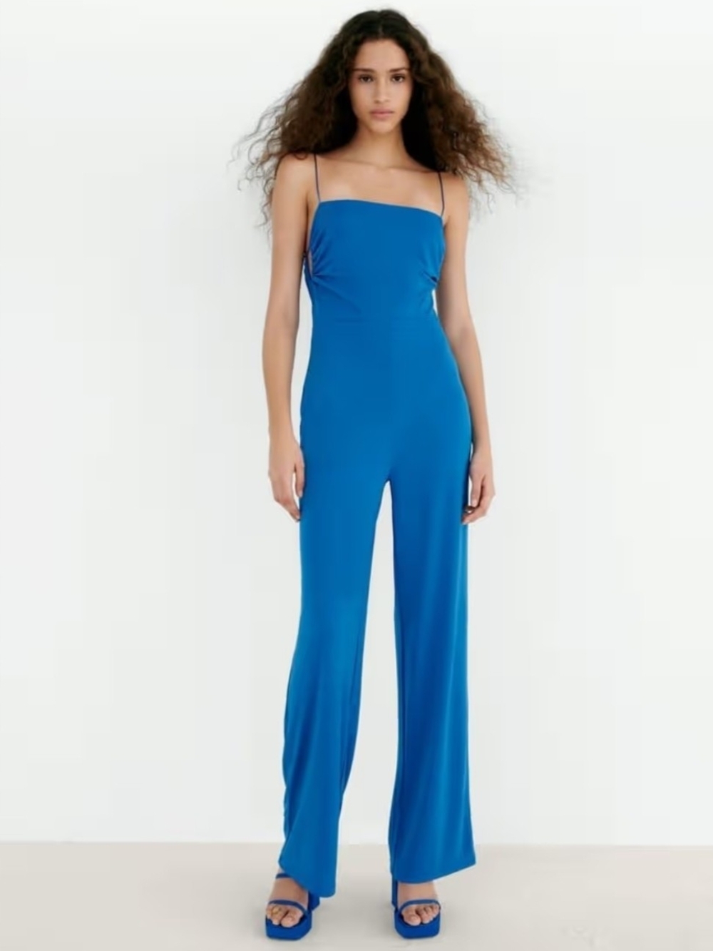 Zara Electric Blue Spaghetti-Strap Wide-Leg Jumpsuit
